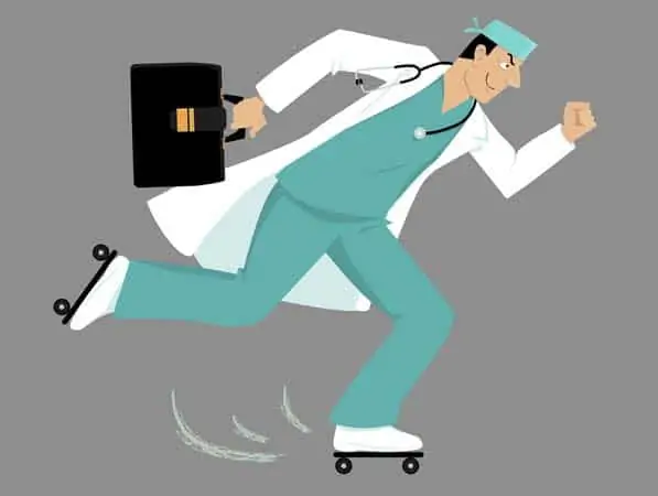 A cartoon illustration of a doctor in scrubs and a surgical cap roller skating while carrying a briefcase.